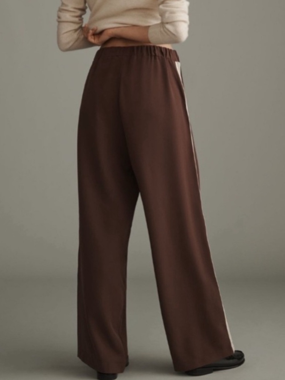 Maeve for Anthropologie “Aaron” Brown Wide-Leg Track Pants Cream Side Stripe NWT - Picture 4 of 14